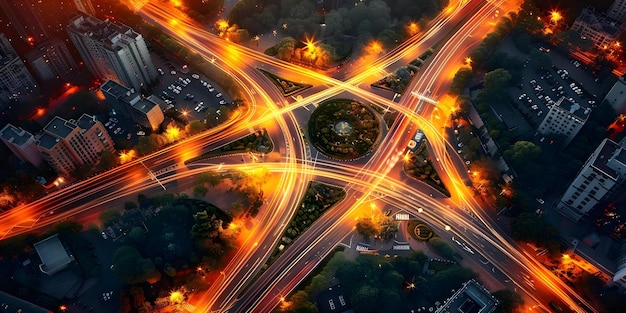 Luftansicht auf den geschmückten Kreisverkehr im Stadtzentrum bei Twilight Konzept Luftfotografie Stadtbild Kreisverkehr städtische Umgebung Twilight Himmel