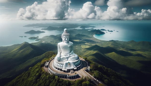 Luftansicht auf die weiße Buddha-Statue, den Berg und das Meer