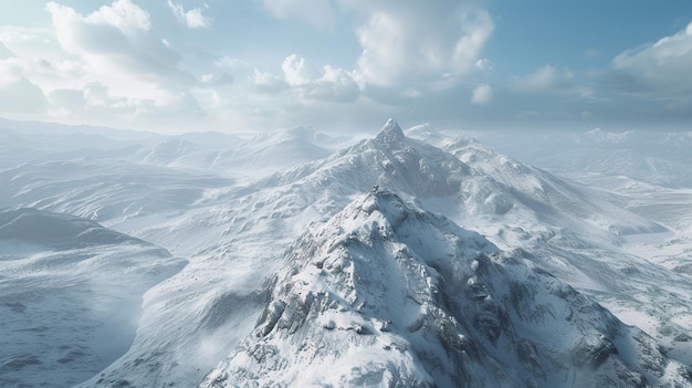 Luftansicht auf eine schneebedeckte Bergkette unter bewölktem Himmel