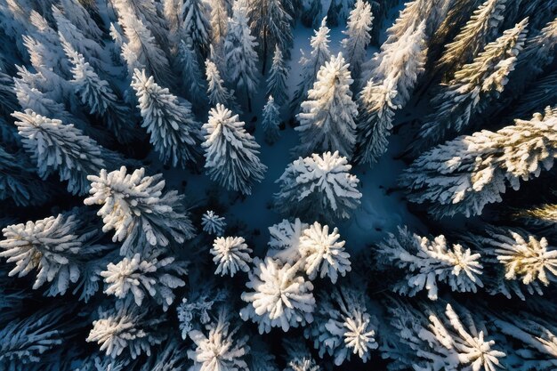 Luftansicht auf eine wunderschöne Winterlandschaft mit schneebedeckten Tannen