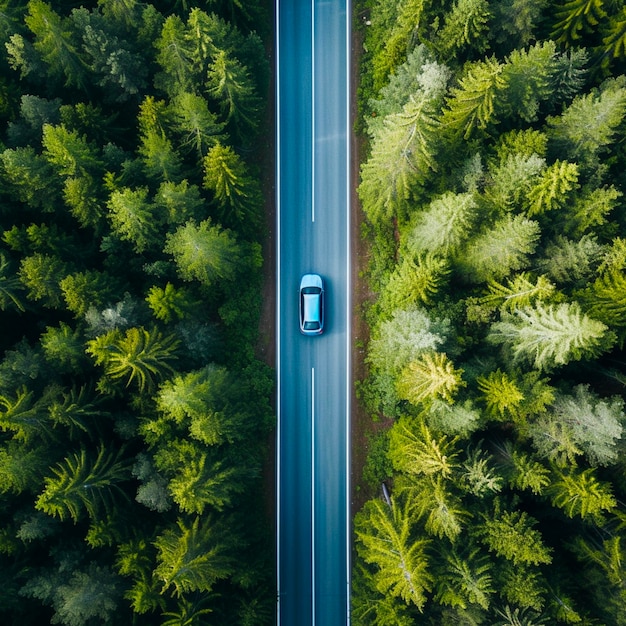 Luftansicht Blaues Auto fährt an einem Sommertag eine Asphaltstraße entlang, überquert einen riesigen Wald Luftansicht