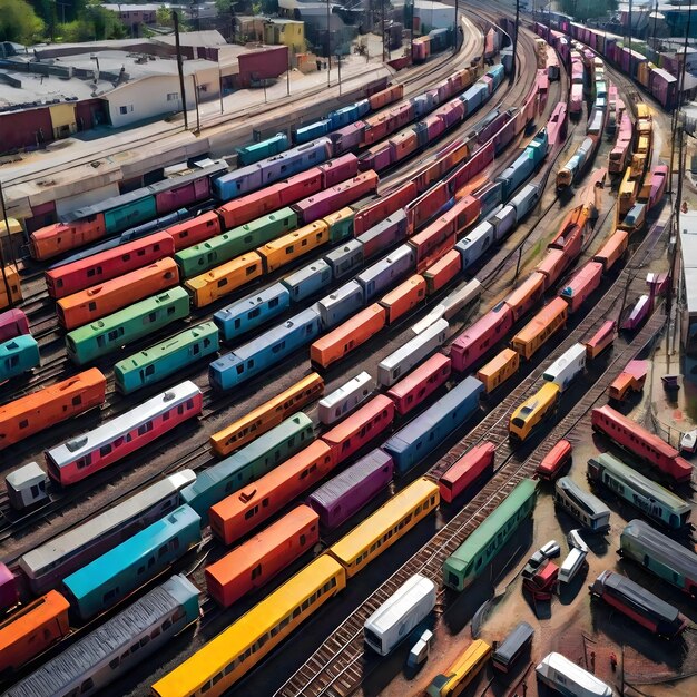 Luftansicht der bunten Eisenbahnwagen und des Verkehrs