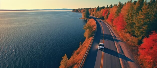 Foto luftansicht der fallstraße und des blauen wassers, des sees, des ozeans, des roten autos mit dachregal