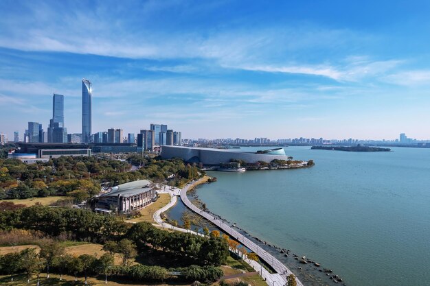 Foto luftansicht der modernen stadtskyline von suzhou, china