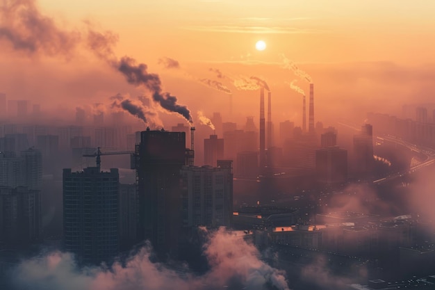 Foto luftansicht der stadt im dichten smog bei sonnenuntergang