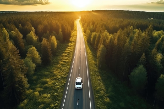 Luftansicht der Straße durch den Wald mit dem Auto