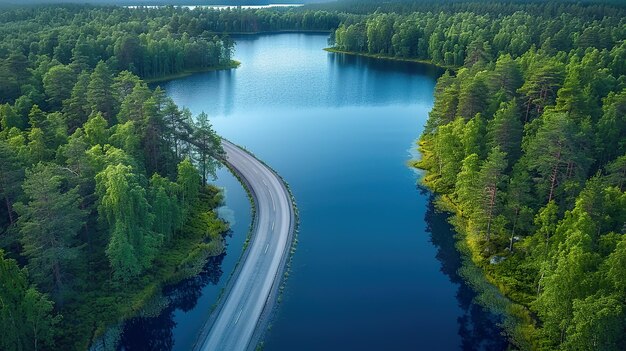 Foto luftansicht der straße mit grünen wäldern und blauen seen