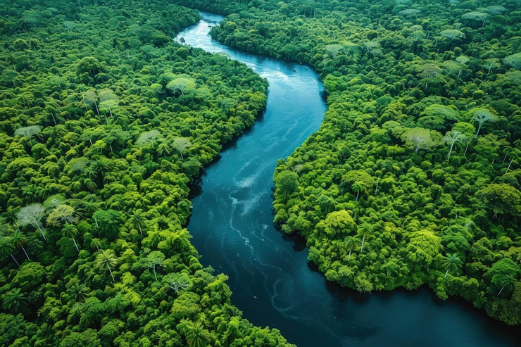 Foto luftansicht des amazonas-regenwaldes mit seinen schwarzwasserflüssen