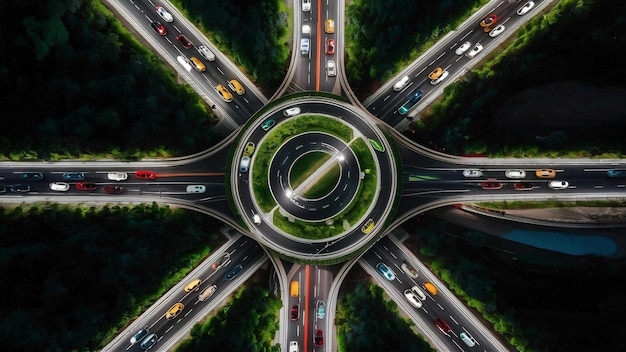 Luftansicht des Verkehrs im Kreisverkehr und auf der Autobahn in der Nacht