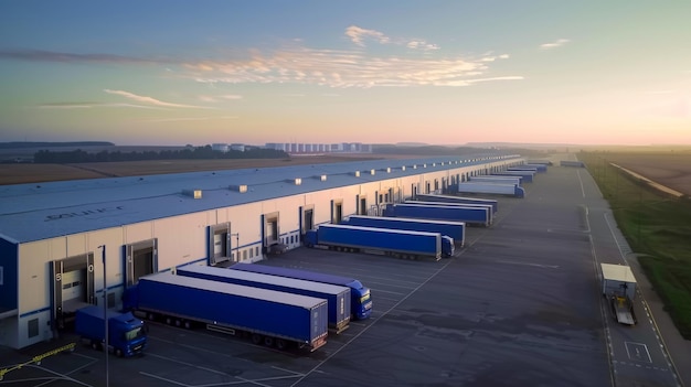 Luftansicht des Vertriebszentrums mit Lastwagen und Ladebahnen Banner für Logistik und