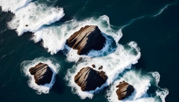 Luftansicht dunkelbrauner Felsen im turbulenten Meerwasser