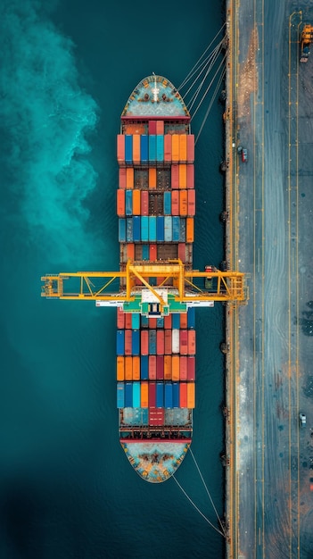 Luftansicht einer ausgeglichenen Zusammensetzung eines Containerschiffs vertikal