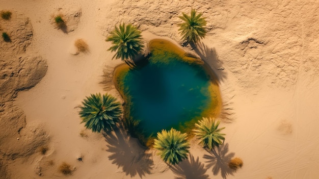 Luftansicht einer ruhigen Wüstenoase mit üppigen Palmen und einem ruhigen blauen Wasserbecken