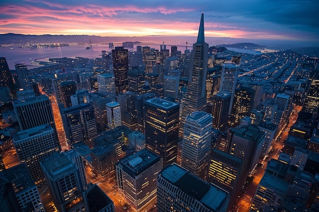 Luftansicht einer Stadt in der Nacht Vogelansicht von San Franciscos vielfältigem Stadtbild in der Dämmerung KI generiert