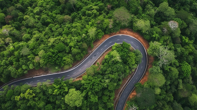 Luftansicht einer Straße in der Mitte der Waldstraße, die bis zum Berg verläuft.