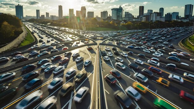 Luftansicht einer verkehrsreichen Autobahnkreuzung, die tagsüber voll ist