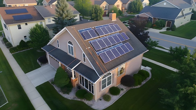 Luftansicht eines amerikanischen Hauses mit Solarpanelen