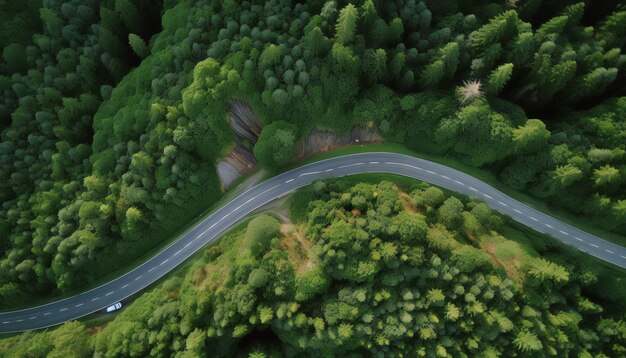 Luftansicht eines Autos auf einer schmalen, kurvenreichen Straße