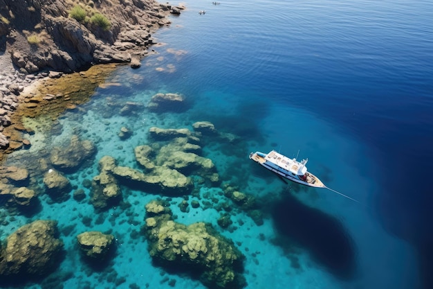 Luftansicht eines Bootes im blauen Meer Kreta Griechenland Luftansicht auf ein Ribboot mit Schnorchlern und Tauchern an der türkisfarbenen Küste der Ägäis in Griechenland KI generiert