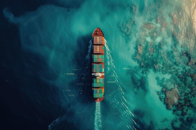 Foto luftansicht eines großen frachtschiffs, das mit farbenfrohen containern beladen ist und durch die ruhigen blauen gewässer des ozeans fährt.