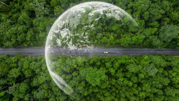 Foto luftansicht eines grünen elektrofahrzeugs, das über eine gerade waldstraße fährt