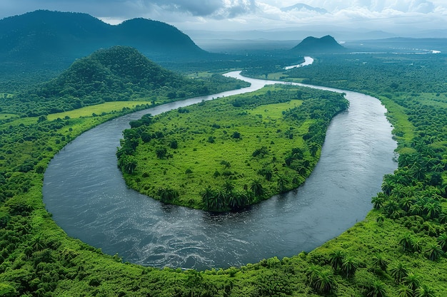 Luftansicht eines kurvenreichen Flusses in einem Regenwald. Eine atemberaubende Aussicht zeigt die majestätischen Flüsse.