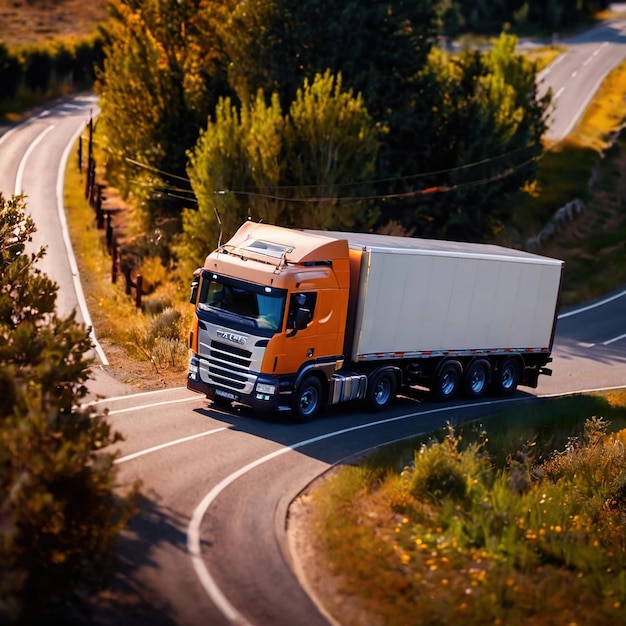 Luftansicht eines Lastwagens auf der offenen Landverkehrslogistik