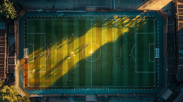 Luftansicht eines leeren Fußballstadions, das im Sonnenuntergang gebadet wird