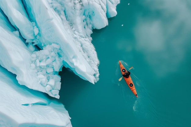 Luftansicht eines Mannes, der in einem Kajak durch den Gletschersee paddelt, mit einem Gletscher im Hintergrund