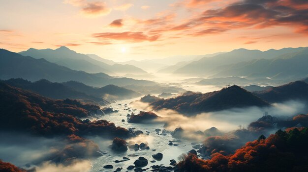 Luftansicht eines mit Nebel bedeckten Berges unter dem wunderschönen rosa Himmel