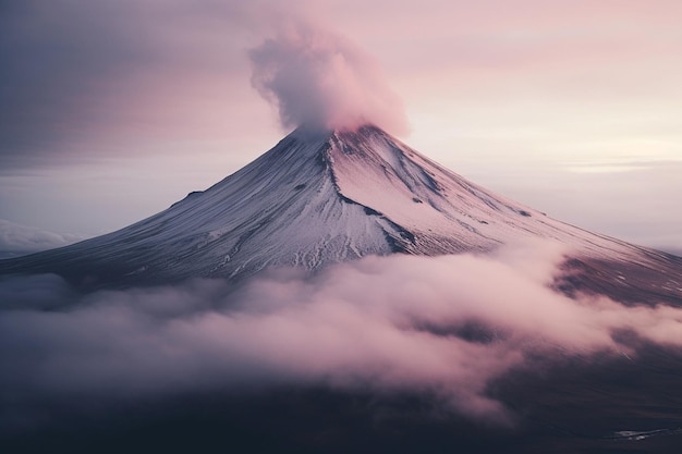 Luftansicht eines mit Nebel bedeckten Berges unter dem wunderschönen rosa Himmel