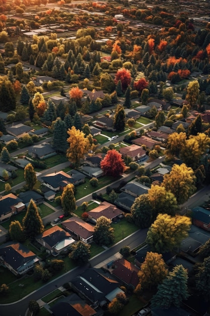 Luftansicht eines modernen Vorstadtviertels, das mit generativer AI geschaffen wurde
