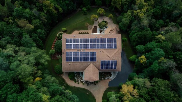 Luftansicht eines Privathauses mit Sonnenkollektoren auf dem Dach