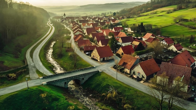 Luftansicht über ein kleines Dorf an der Landstraße