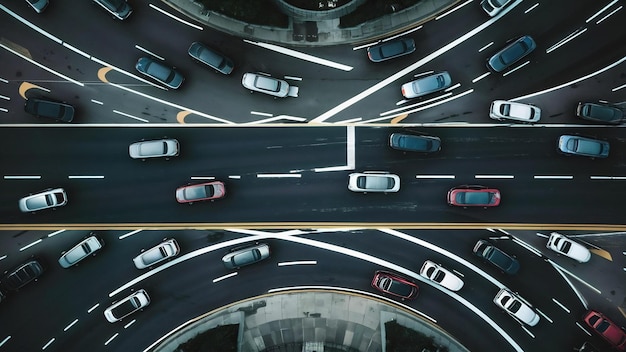 Luftansicht von Autos, die auf einer kurvenreichen Straße fahren