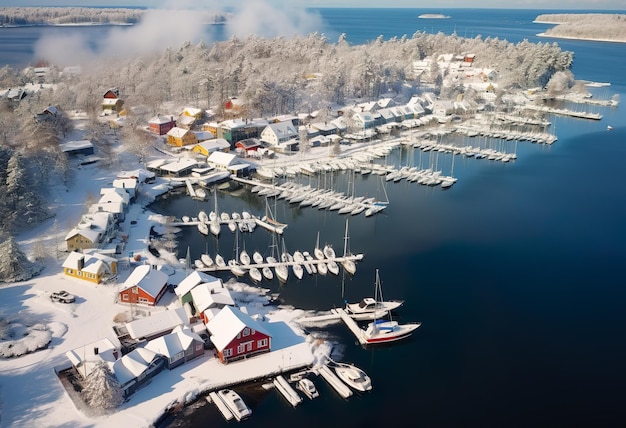 Luftansicht von Booten im Winter im Hafen von Hundudden