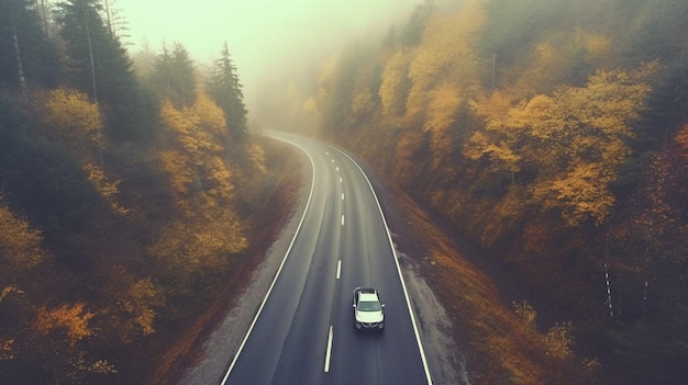 Foto luftansicht von einem auto, das auf der straße im herbstwald fährt