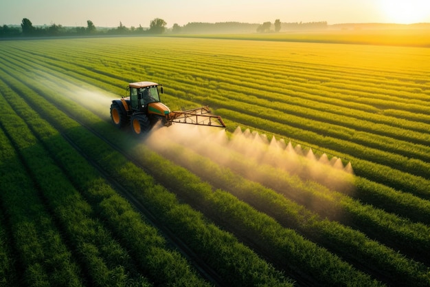 Foto luftansicht von einem traktor, der bei sonnenuntergang pestizide auf eine grüne sojabohnenplantage besprüht