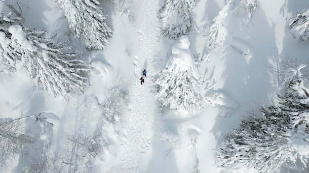 Luftansicht von Menschen, die im Winter auf Wanderwegen wandern, Landstraßen, die von Schnee bedeckt sind, Landschaft von