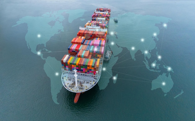 Luftansicht von oben Container Schiff Frachtgeschäft kommerzielle Logistik und Transport international