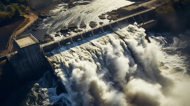 Luftansicht von Wasser, das über einen Staudamm fließt