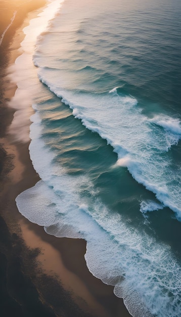 Luftansicht von Wellen, die bei Sonnenuntergang auf einen Sandstrand stürzen