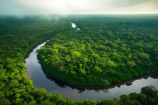 Luftaufnahme der Amazonas-Dschungellandschaft mit Flussbiegung Generative KI