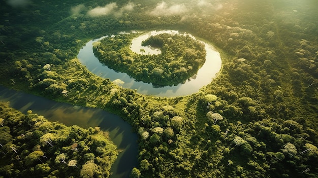 Luftaufnahme der Amazonas-Dschungellandschaft mit generativer Fluss-KI
