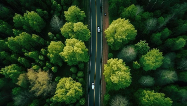 Luftaufnahme der Asphaltstraße durch grünen Wald gesunde Regenwaldumgebung Generative KI