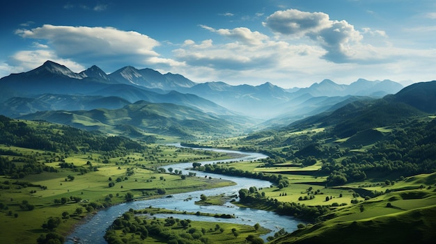 Luftaufnahme der Berglandschaft, des Sees und der Bergkette, großes Panorama, generative KI