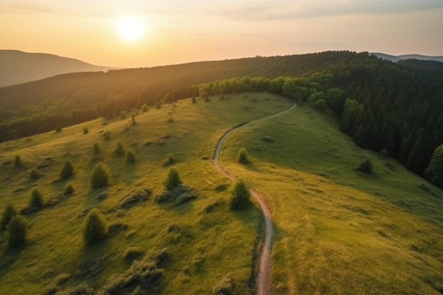 Luftaufnahme der endlosen üppigen Weiden der Karpaten und landwirtschaftlichen Flächen kultiviertes landwirtschaftliches Feld ländliche Berglandschaft beim Sonnenuntergang Ukraine