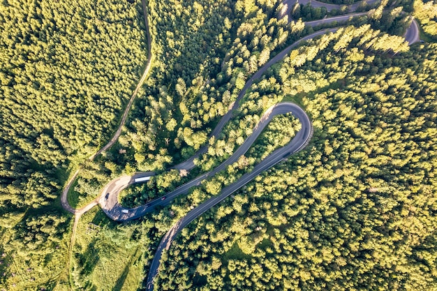 Luftaufnahme der kurvenreichen Straße im Hochgebirgspass durch dichte grüne Kiefernwälder.