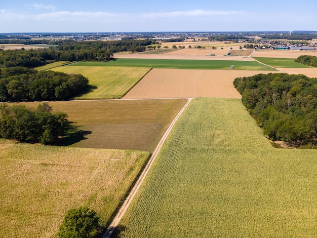 Luftaufnahme der Landschaft mit landwirtschaftlichen Feldern Drone schoss abgeerntete Felder