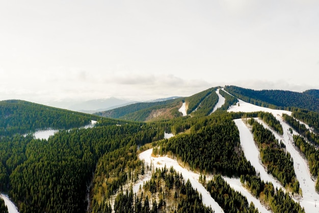 Luftaufnahme der Landschaft mit Ski- und Snowboardpisten durch Kiefernwälder, die hinunter zum Winterresort in den Karpaten führen
